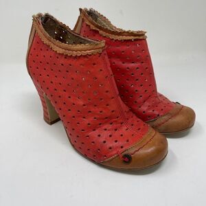 Red Perforated Leather Ankle Booties with Brown Trim